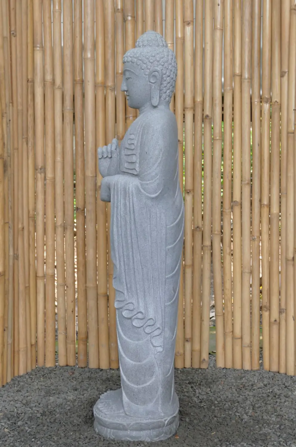  Product image 3 of the product “Standing Buddha made of Riverstone in Dharmachakra position - gesture of wheel of the teaching of Dharma. About 152cm height ”